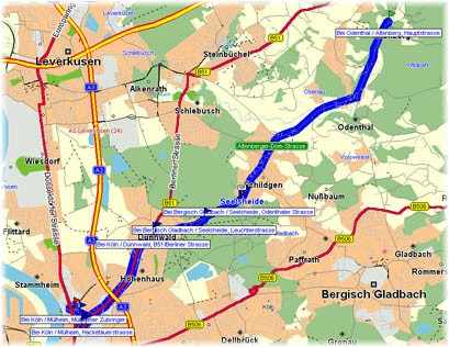 Vom Treffpunkt Köln-Mülheim zum Treffpunkt Altenberg!    -     (Kartenauschnitt mit freundlicher Genehmigung der MAP&GUIDE GmbH aus dem "Motorrad Tourenplaner 2002/2003" entnommen!)