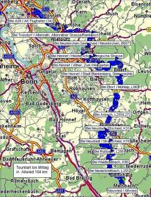 Tourstart bis Altwied    -     (Kartenauschnitt mit freundlicher Genehmigung der MAP&GUIDE GmbH aus dem "Motorrad Tourenplaner 2002/2003" entnommen!)