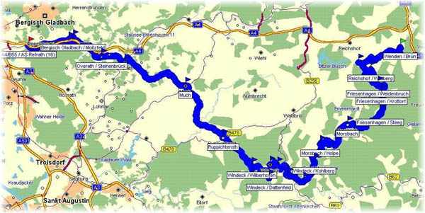 Der erste Abschnitt durch das Bergische Land von Refrath bis Wenden bei Olpe - Anklicken zum vergrößern!     -     (Kartenauschnitt mit freundlicher Genehmigung der MAP&GUIDE GmbH aus dem "Motorrad Tourenplaner 2002/2003" entnommen!)