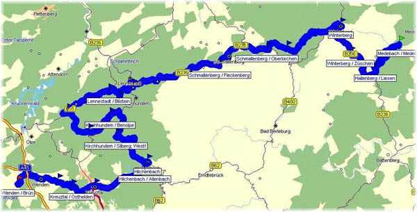 Der zweite Abschnitt - von Wenden nach Medelon! - Anklicken zum vergrößern!   -    (Kartenauschnitt mit freundlicher Genehmigung der MAP&GUIDE GmbH aus dem "Motorrad Tourenplaner 2002/2003" entnommen!)